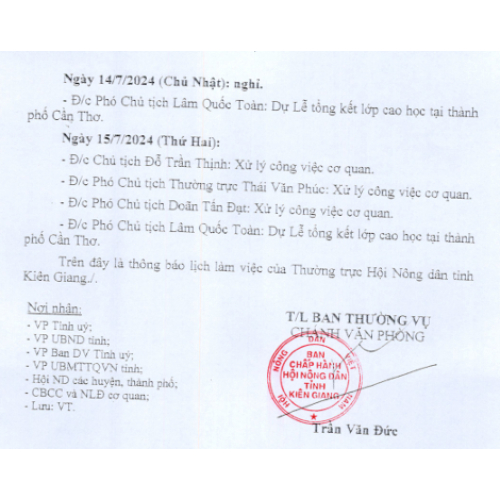 Lịch Làm Việc Của Thường Trực Hội Nông Dân Tỉnh Từ Ngày 01/7/2024 Đến 15/7/2024